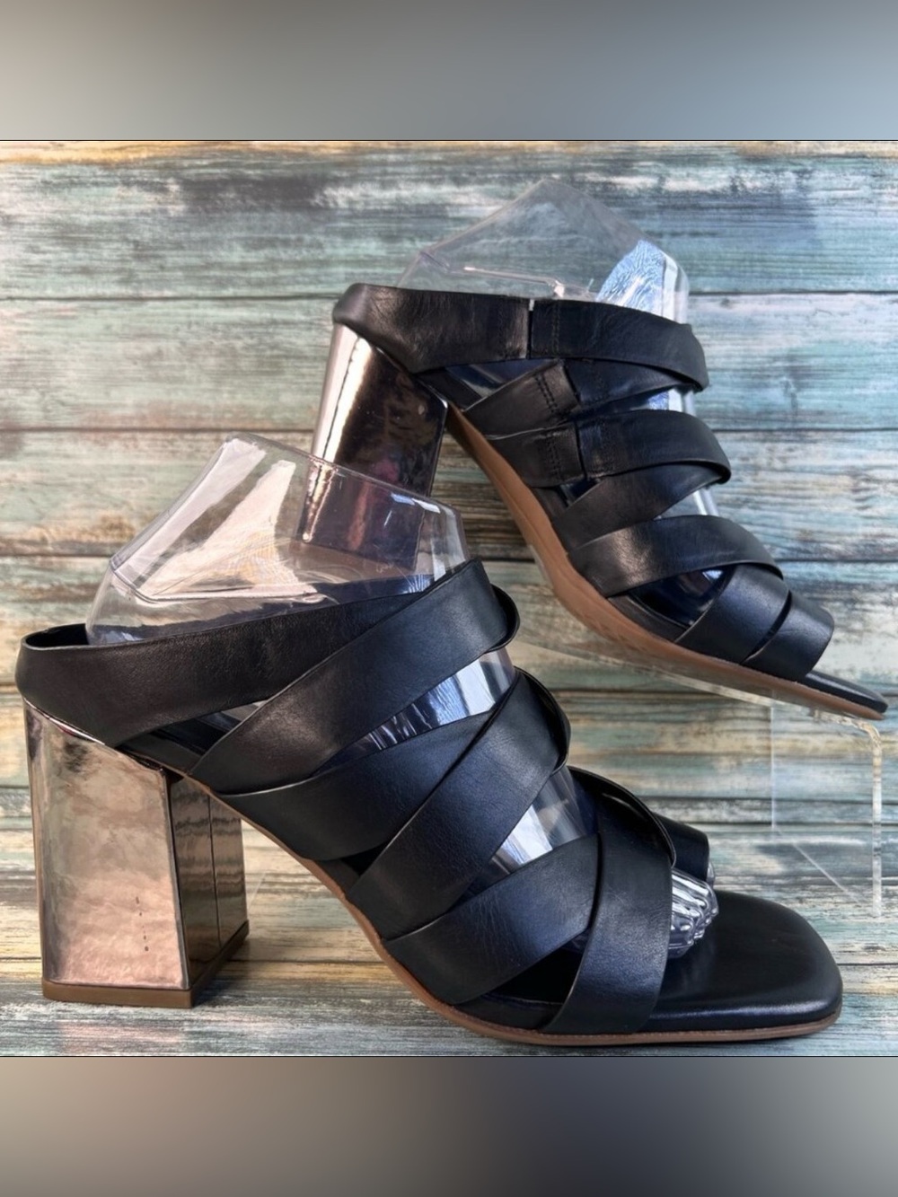 Aerosoles Harley Dress Sandal 10M Woven Black Leather Toe Ring Silver Block Heel